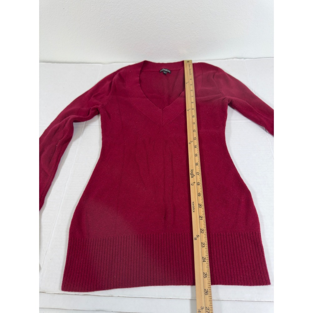 Express V-Neck Sweater Womens Y2K Medium Berry Red Slim Fit Ribbed Knit - Picture 6 of 9